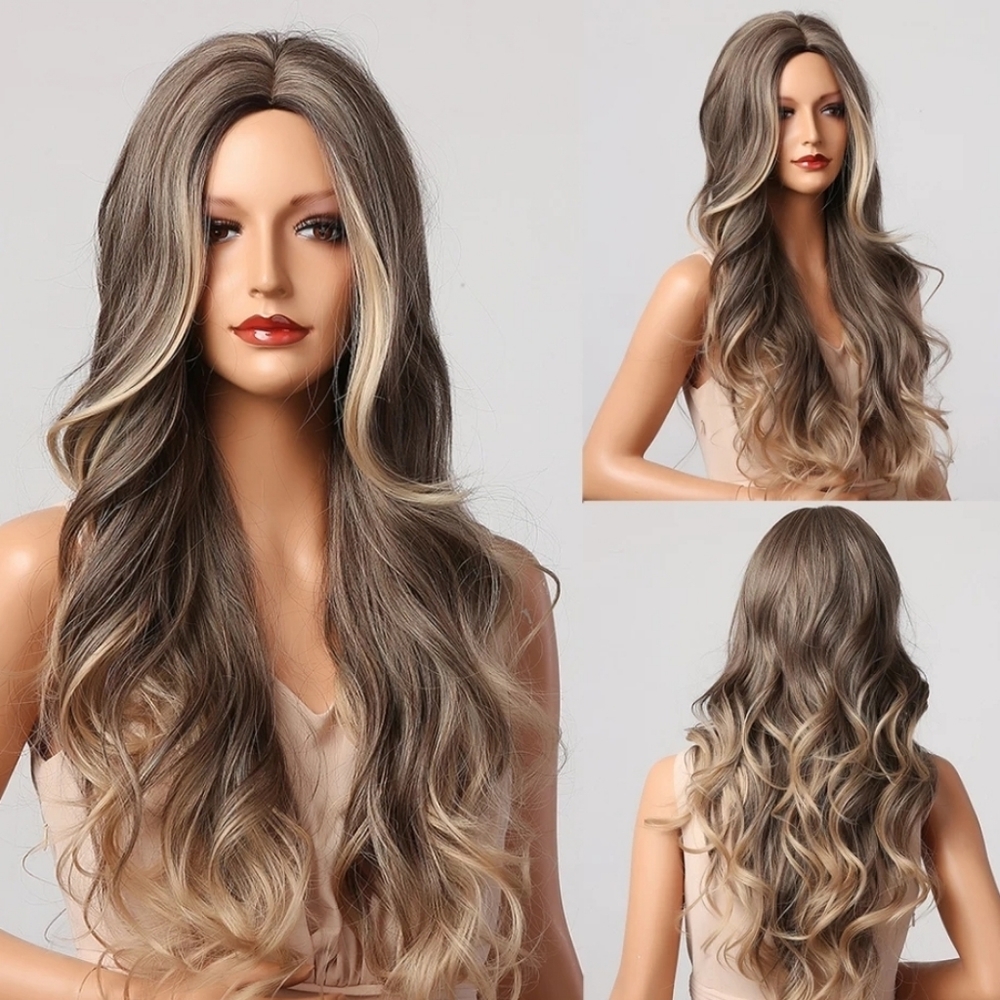Long Wavy BLONDE Brown Highlights Heat Resistance